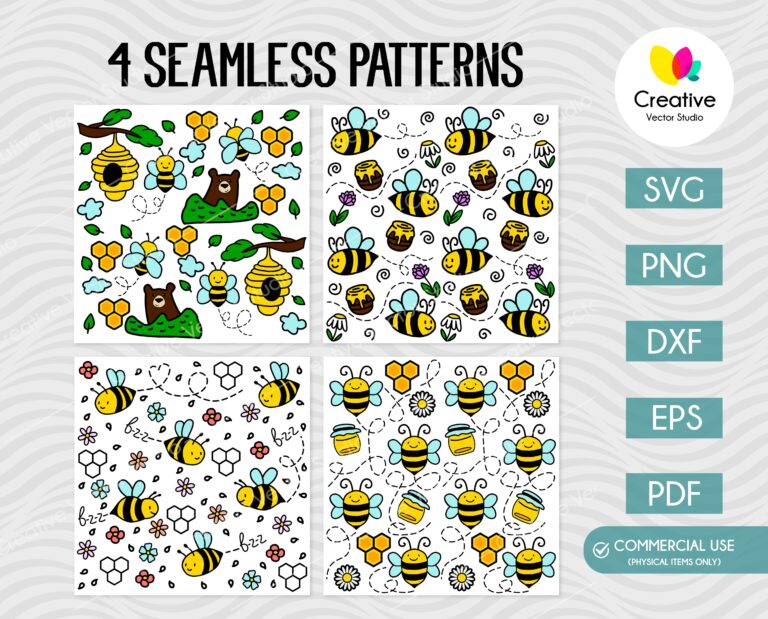 Cute Bee Svg Bundle Seamless Patterns Creative Vector Studio