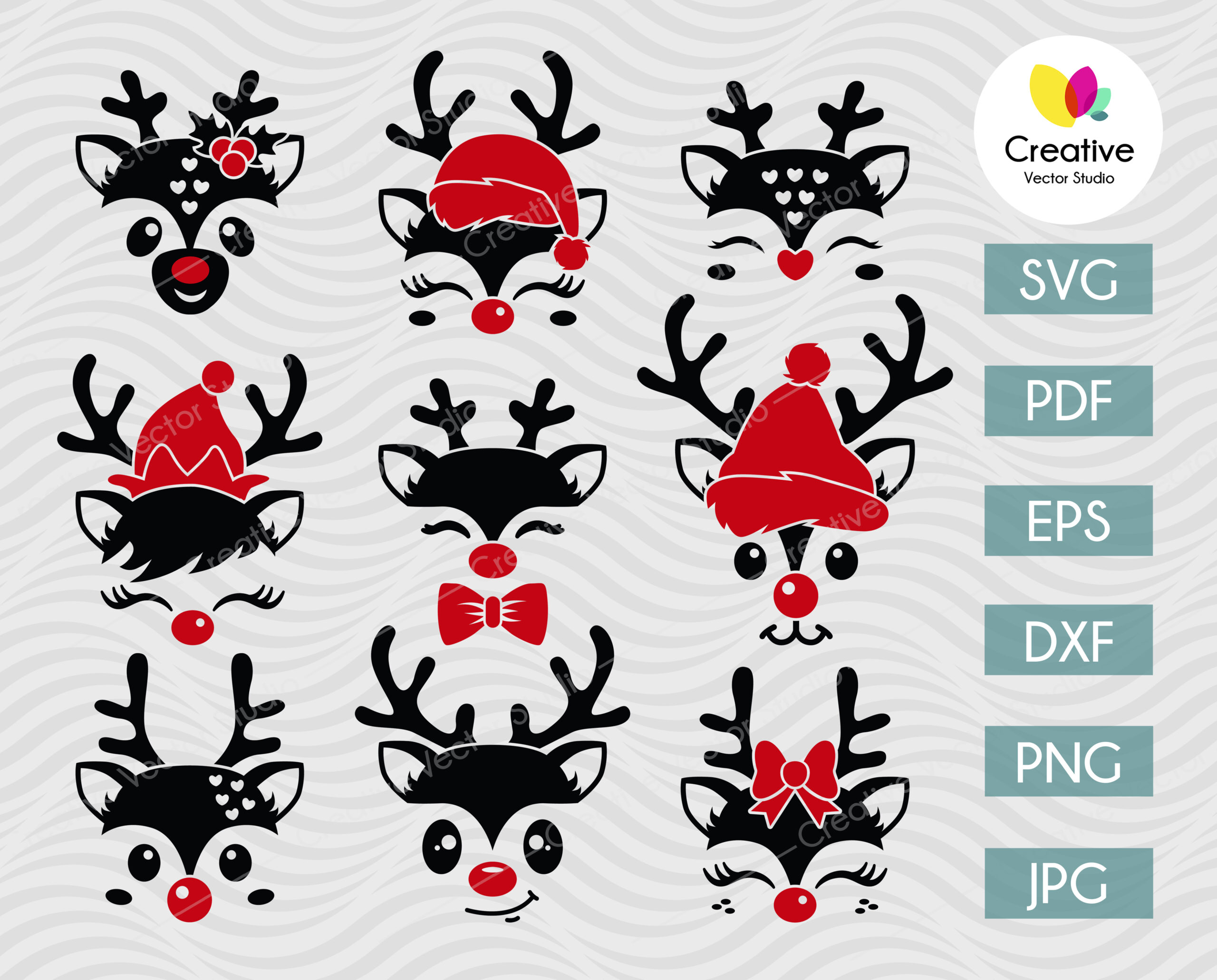 Clip Art silhouettes Cut files for Cricut eps, svg, pdf, png, dxf, jpeg Cute Christmas Bow Reindeer .
