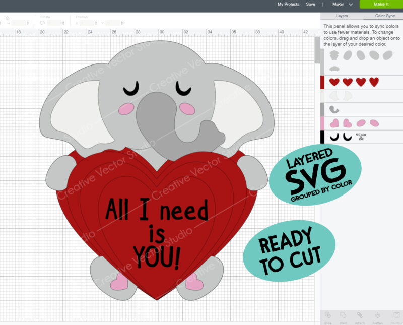 valentines elephant svg cut files