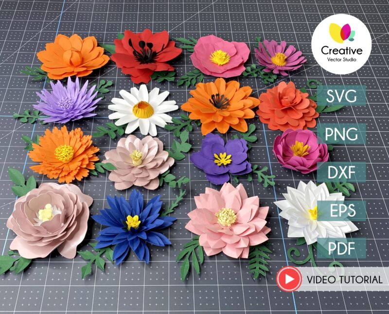 16 paper flower teplates in 1 big SVG bundle