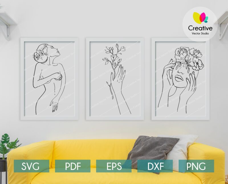 Set of 3 Nude Women One Line Drawing With Flowers