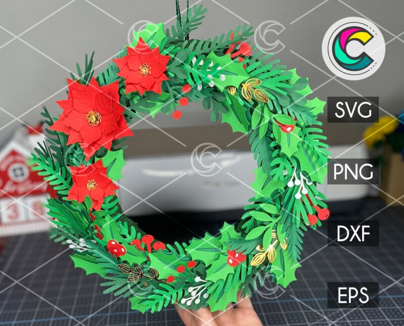 Christmas paper poinsettia wreath svg-template