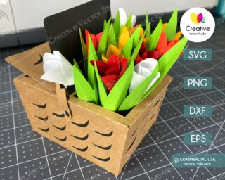 paper basket with tulip flowers svg template