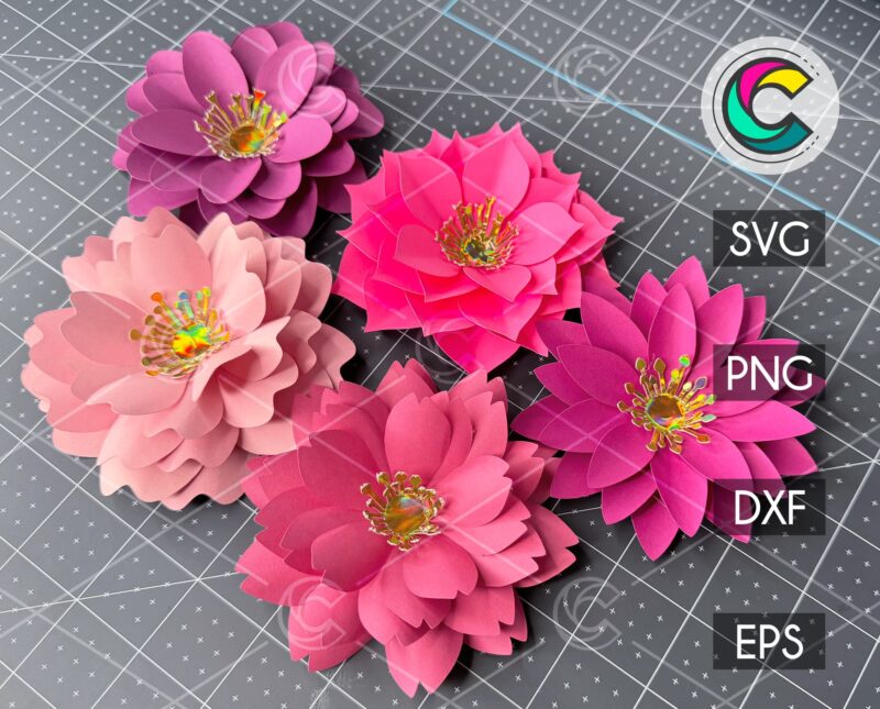 5 Paper Flower SVG Bundle With Flower Centers and Sepals
